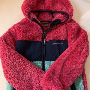 eddie bauer girls sherpa fleece hooded jacket pink and navy size XS 5/6